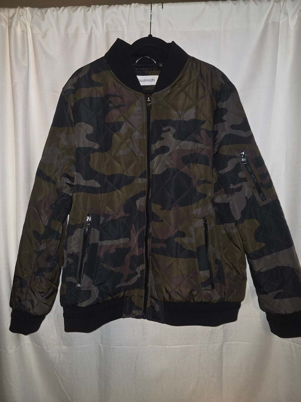 Calvin Klein Camo Diamond Quilted Bomber Flight Jacket Utility Pocket Large